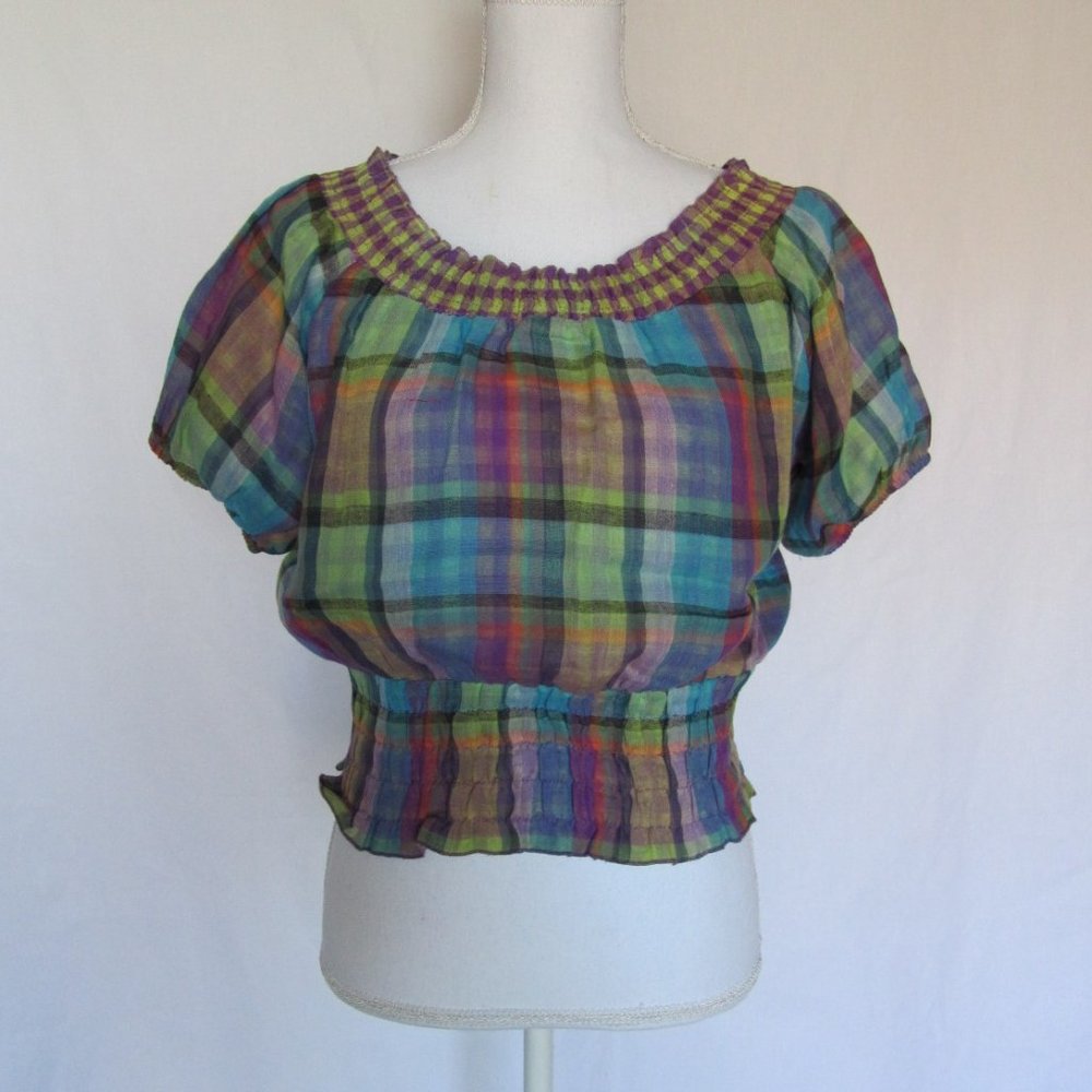 New Voice Woman’s Girl’s Fashion Multicolored Plaid Print Short Sleeves Top L